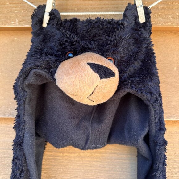 Kids Black Bear Hat With Attached Mittens Plush Fleece Animal Design Warm Winter - Picture 2 of 12